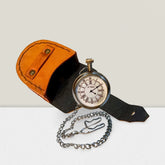 Personalized silver pocket watch with custom engraving and leather case